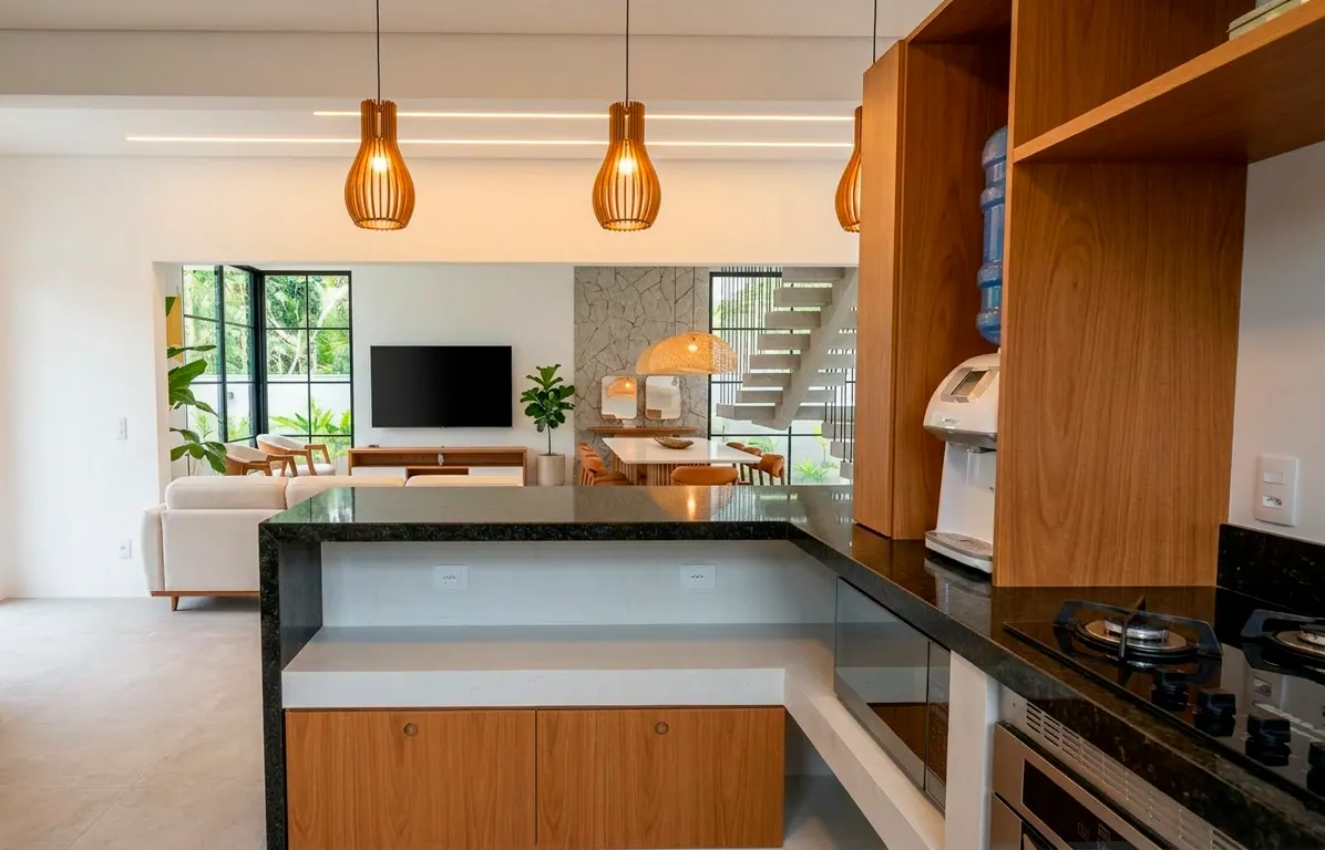Acabamento de cozinha executado pela Ergo Construtora em obra de alto padrão em Maragogi